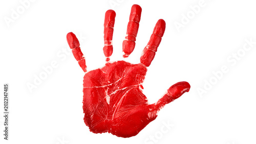 A vibrant red paint child handprint silhouette showing clear palm skin and finger textures