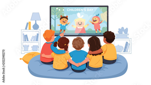 Foto Children’s Day Celebration on Television: A heartwarming scene unfolds as a group of children, engrossed in a vibrant Children's Day program on the television screen