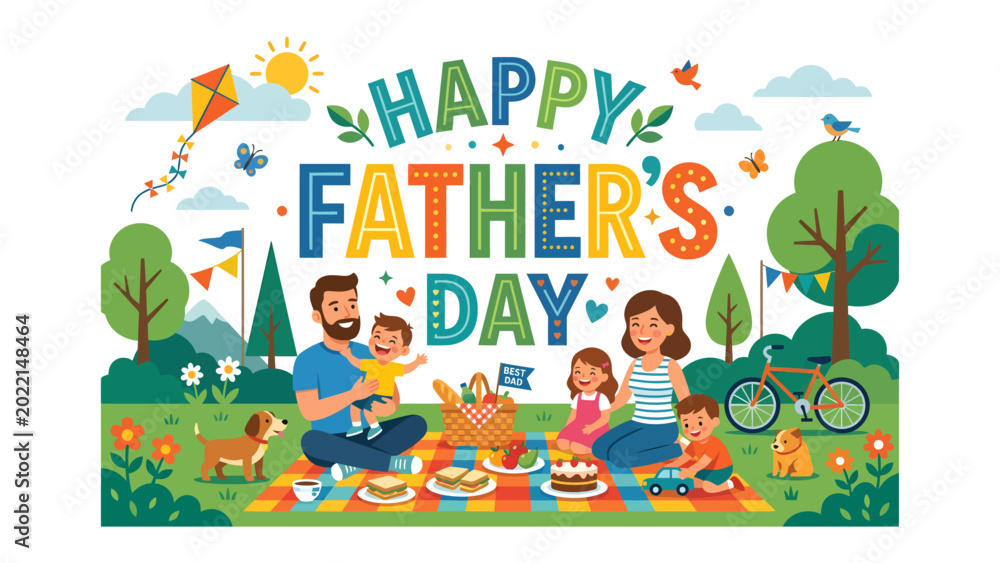 Naklejka premium Happy Father's Day: A vibrant illustration celebrates the special bond between a father and children with a delightful picnic scene. 