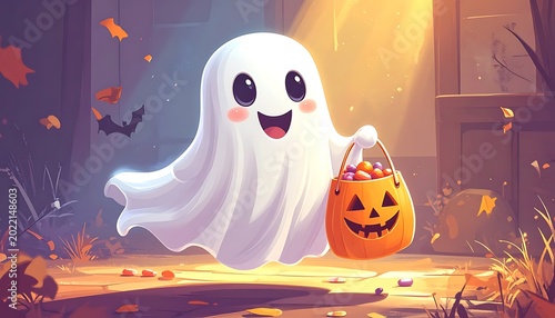 Happy ghost holding jack o lantern.