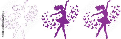 Bild auf Leinwand Purple ballerina silhouette with butterflies vector set, graceful dancing girl o
