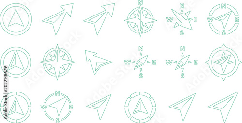 Schilderij op canvas Minimalist compass and navigation arrow icon set, 18 light green outline vector