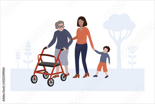 Multi generation family walking together in park with senior woman using rollator walker – caregiver support and family care illustration.