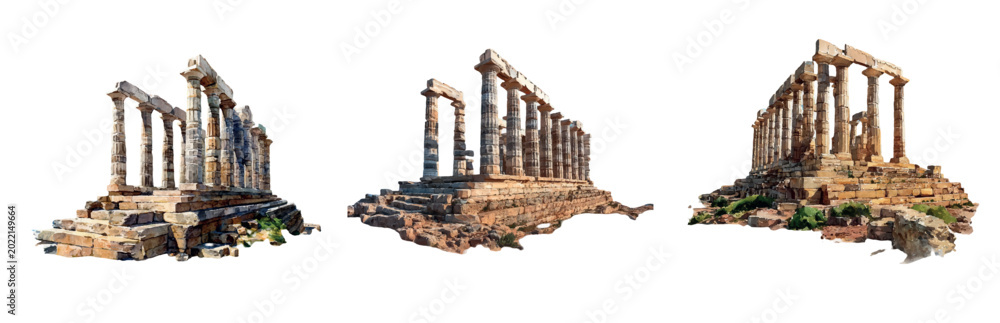 Fototapeta premium Multiple views of an ancient greek temple with weathered doric columns and stone steps, isolated on white to showcase classical ruins, history, and architectural detail
