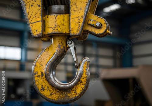 Heavy duty yellow crane hook with safety latch suspended in industrial warehouse setting