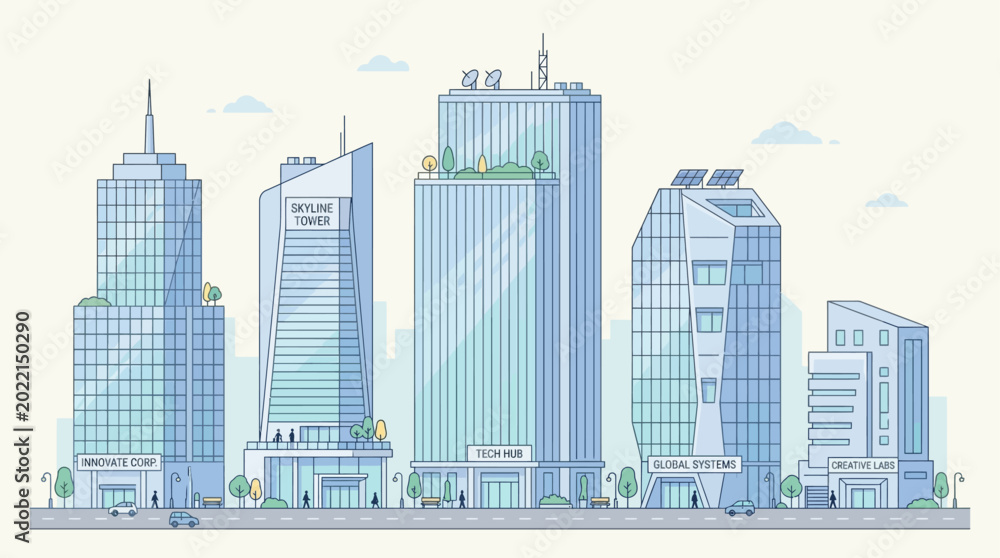 Obraz premium Vector illustration of modern city skyline with glass office buildings and skyscrapers