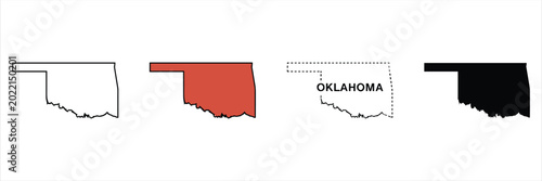 Four variations of the oklahoma state map outline, silhouette and labeled