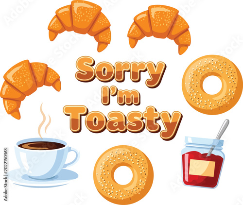 Tableau sur toile Breakfast bakery vector set, delicious golden croissants and bagels, hot coffee