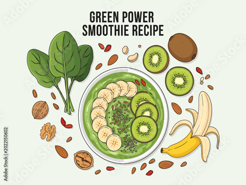 Foto Green Power Smoothie Recipe, healthy breakfast bowl with fresh spinach, kiwi, ba