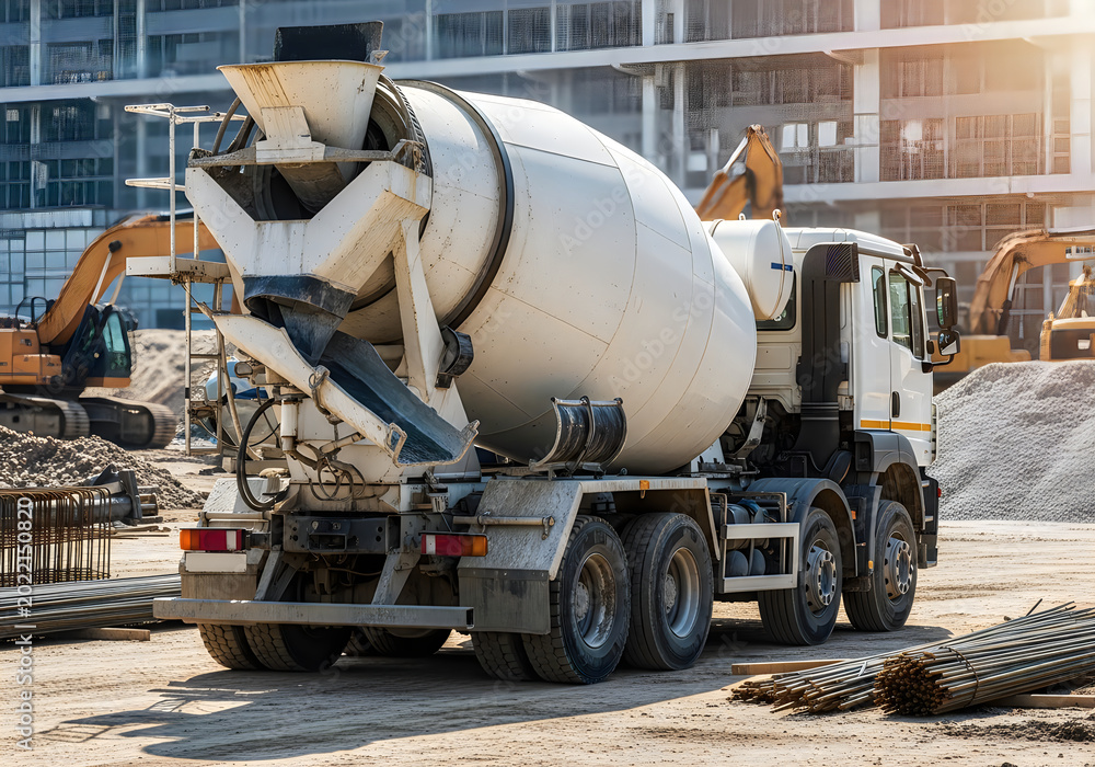 Naklejka premium White cement mixer truck parked at a construction site with heavy machinery