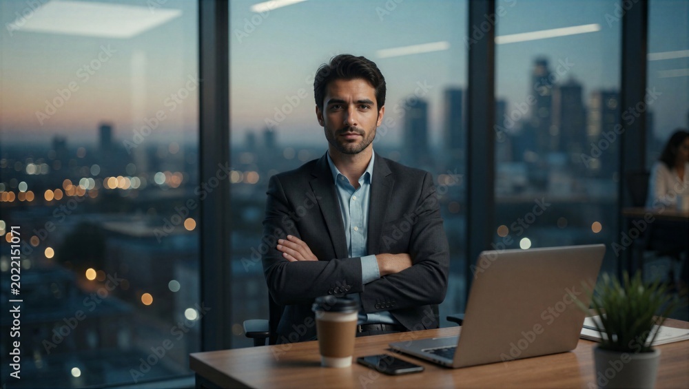 Fototapeta premium Confident businessman in modern office with city skyline background