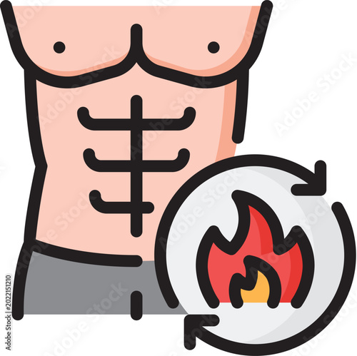 Schilderij op canvas Cartoon man torso with six pack abs and burning fat concept for weight loss and