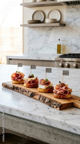 Gourmet appetizers on rustic board in modern kitchen