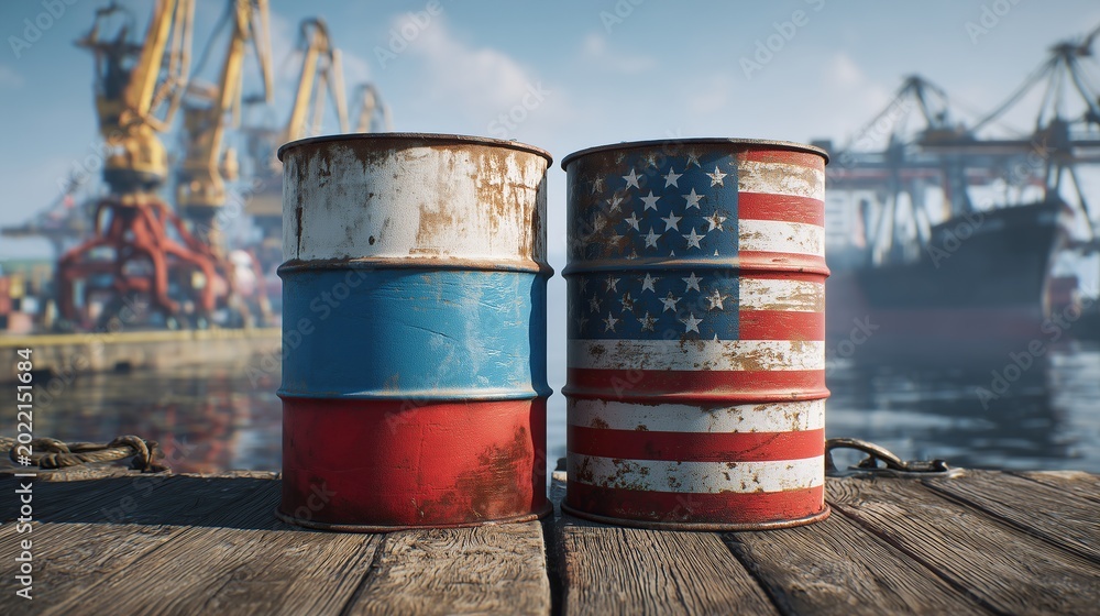 Obraz premium Rusty metal barrels painted as Russian and American flags on a wooden pier. Concept of global energy market competition, oil trade, and economic sanctions.