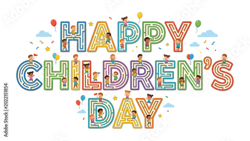 Foto Celebrating Childhood: A vibrant, imaginative illustration with Happy Children's Day creatively designed