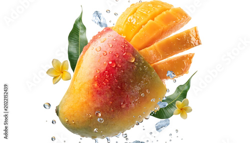 Flying mango fruit for smoothie advertisement cut out isolated on white background PNG. AI GENERATED.