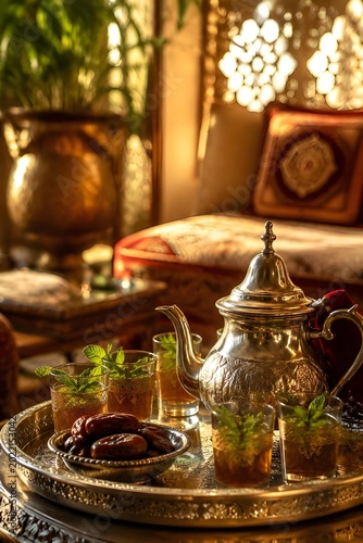 Authentic Moroccan mint tea with dates in silver bowl, traditional teapot and tea glasses in a cozy Riad interior, warm golden lighting