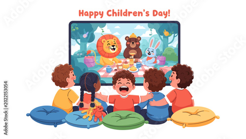 Joyful Children's Day Celebration: A group of children gather around a tablet, engrossed in a vibrant animated scene featuring friendly animal characters.