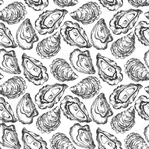 Obraz na plátně Oysters seamless vector pattern, hand-drawn in ink