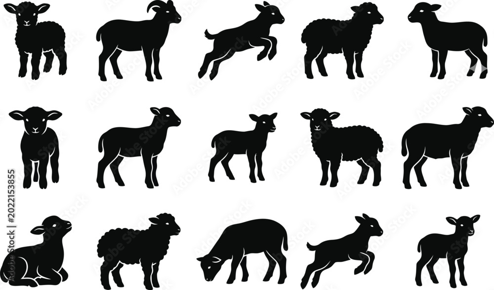 Fototapeta premium Adorable Lamb and Goat Kid Silhouettes: Playful Farm Animal Vector Icons for Nursery and Easter Decor