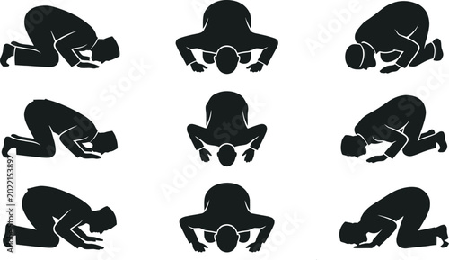 Photos Silhouette Set of Muslim Men Prostrating in Sujud Prayer Position