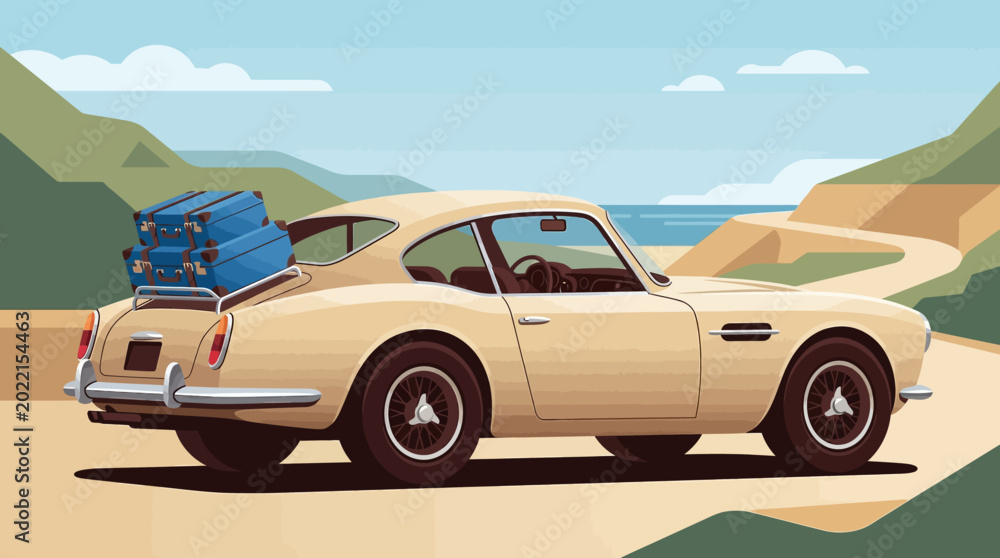 Naklejka premium Vintage Classic Sports Car on Coastal Road Trip with Luggage, Retro Vector Illustration