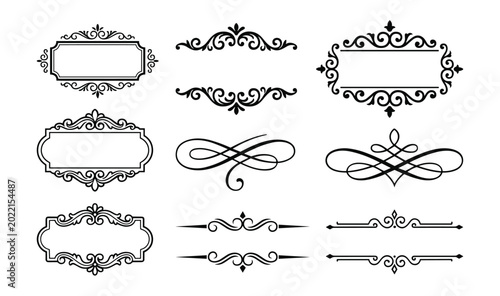 Elegant ornamental frame dividers and decorative calligraphic flourishes in black line art.