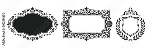 Ornate vintage frame vector set with floral flourishes and shield emblem for luxury design.