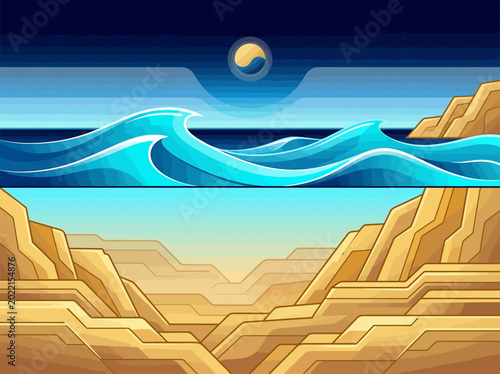 Tableau sur toile Abstract Geometric Landscape Illustration of Ocean Waves and Golden Canyon with