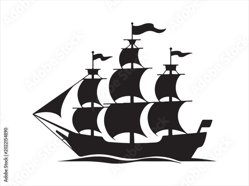 A galleon Black Pearl Pirate Ship silhouette vector illustration flat clipart design. Pirate ship silhouette