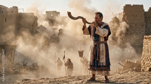 An ancient Israelite priest blowing a shofar horn as the walls of Jericho collapse behind him in a dramatic biblical scene.
