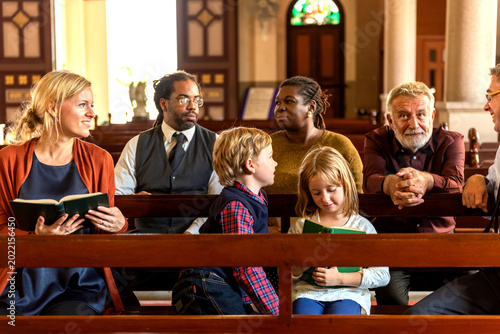 Photography Diverse group attending church service