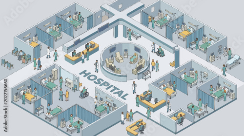 Tableau sur toile Isometric hospital interior with many rooms and people.