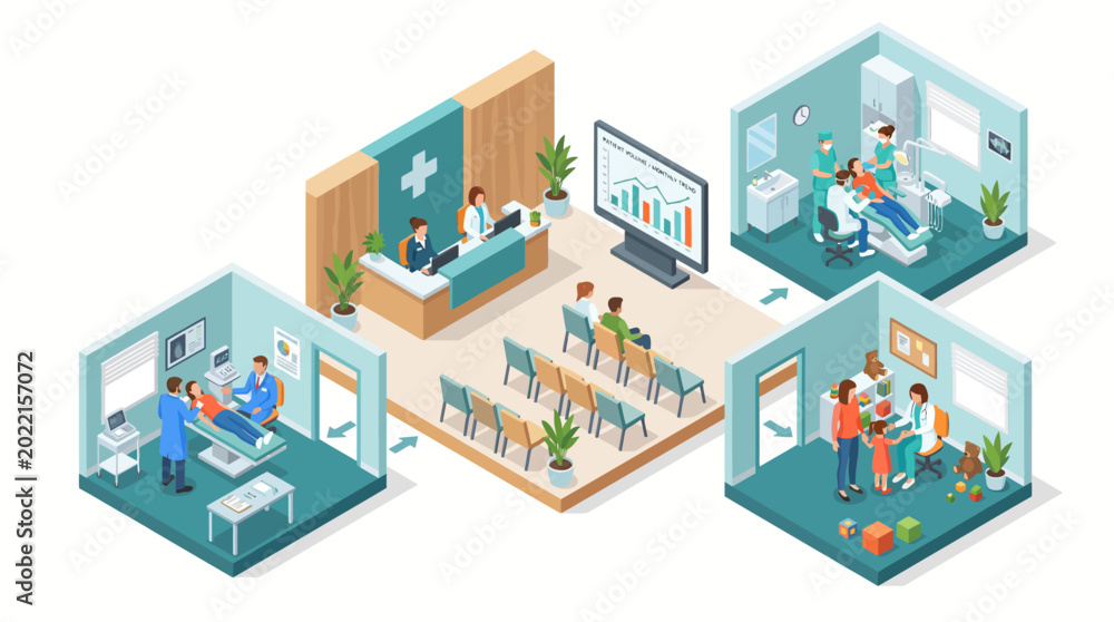 Fototapeta premium Modern Healthcare Facility Isometric View Showing Different Departments.