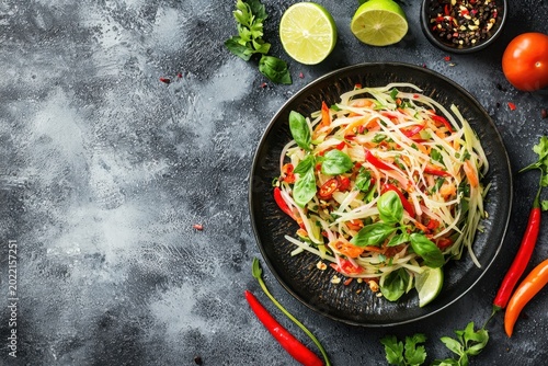 Fresh papaya salad with chili, lime, basil, and tomato on dark plate, colorful Thai food on rustic table