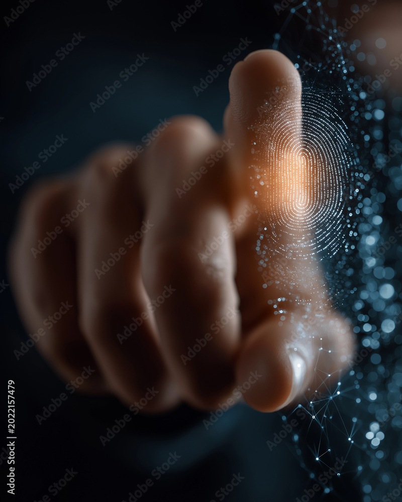 Fototapeta premium Digital Touch: A close-up shot of a human finger making contact with a network of digital dots, suggesting innovation, security and connection.