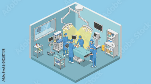 Foto Surgical team performing operation in modern operating room isometric view