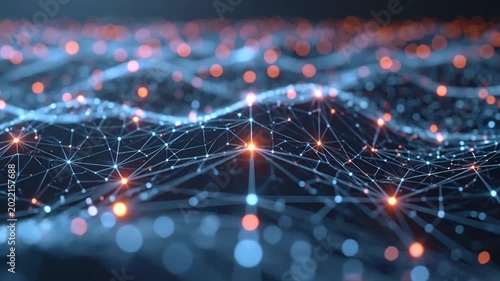 Abstract digital network of glowing interconnected points and lines on a dark background