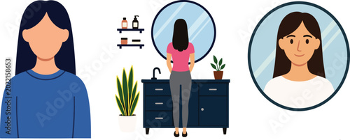 Women Skincare and Haircare Routine Vector Set Featuring Face Washing in Bathroom Mirror and Gentle Hair Styling for Beauty Blogs and Cosmetic Ads
