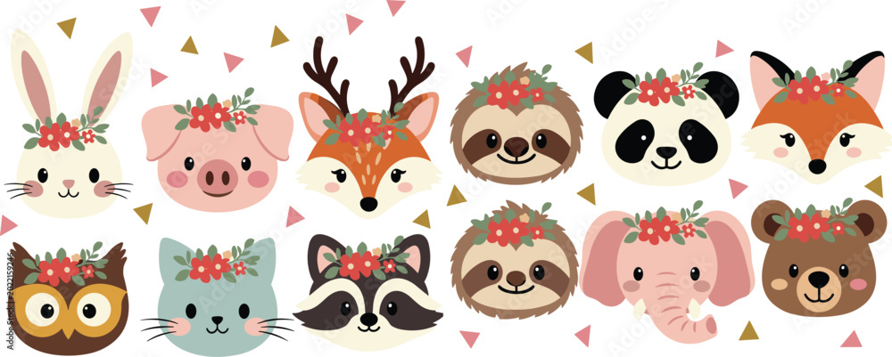 Naklejka premium Cute Woodland and Safari Animal Avatar Set with Floral Crowns for Nursery Decor, Baby Shower Invitations, Birthday Parties, and Children Graphic Designs