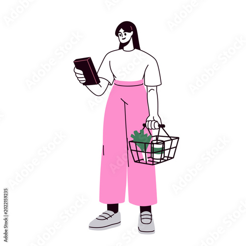 Woman customer holding product package in hand, studying and reading during f...