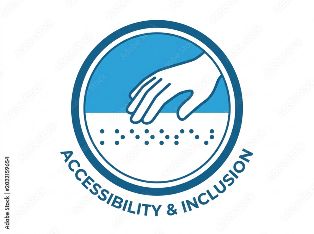 Obraz premium Hand touching braille text in blue and white accessibility symbol for inclusion and accessibility