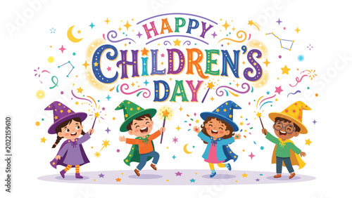 Photos Enchanting Children's Day Celebration: A vibrant scene of children dressed as wizards, spreading joy and enchantment with magic wands, celebrating the joyous occasion