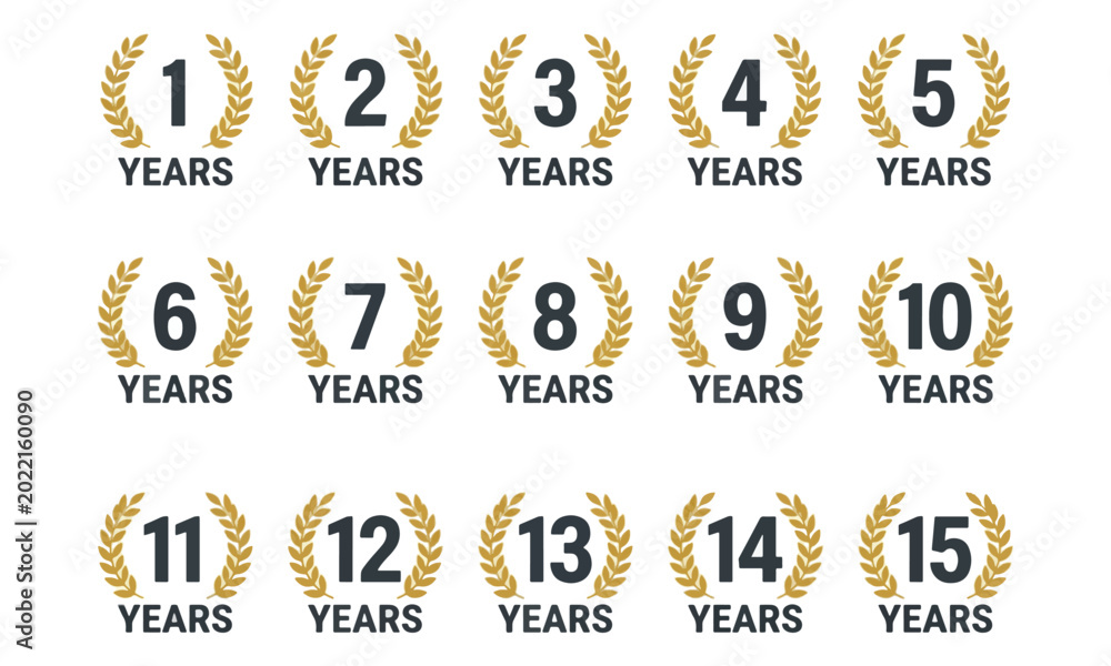 Fototapeta premium Anniversary badges set with gold laurel wreaths from 1 to 15 years