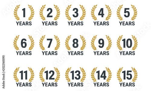Anniversary badges set with gold laurel wreaths from 1 to 15 years