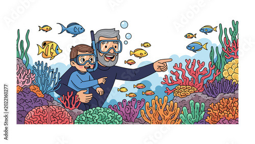 Billede på lærred Undersea Exploration: A grandfather and grandson discover vibrant marine life during an exciting scuba diving adventure in a colorful reef, embracing the thrill of underwater exploration