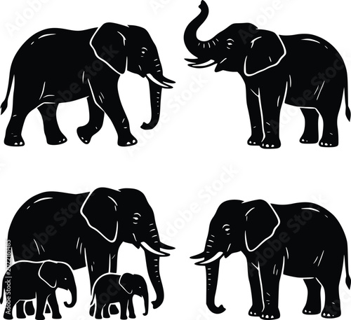 Elephant Silhouette Collection with Walking Family and Standing Poses