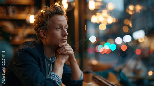 Young entrepreneur alone in a tiny coffee shop realizing a life changing deal, emotional cinematic portrait with city lights reflection in the window at night