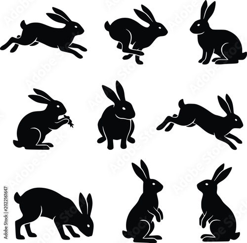 Rabbit Silhouette Vector Set with Hopping Sitting and Eating Poses