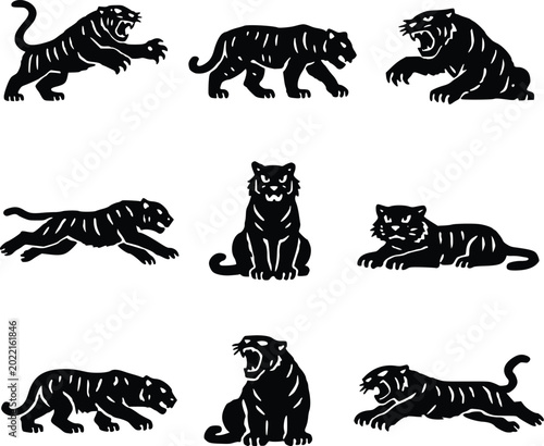 Tiger Silhouette Vector Pack with Hunting and Resting Poses